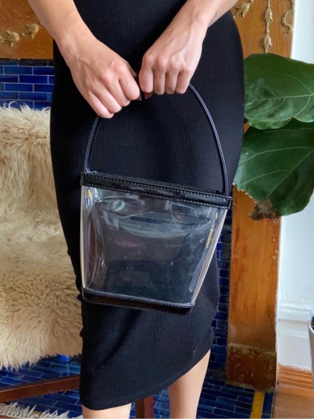 Staud Clear Black patent leather Trim Bucket Tote | Women's Transparent Handbag